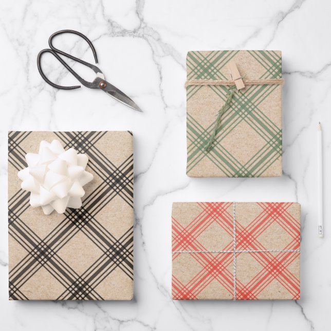 Modernes Kraft Kariertes Urlaubspapier Geschenkpapier Set (Vorderseite)