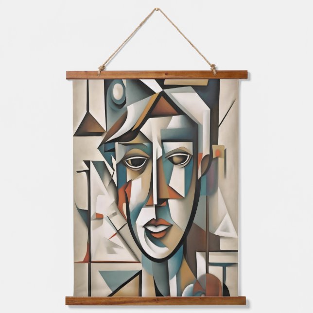 Modernes kubistisches Portrait Abstrakt Art Wandteppich Mit Holzrahmen (Vorderseite)