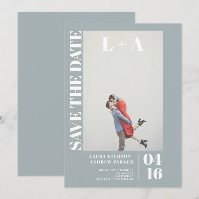 Modernes, kühn staubblaues erstes Foto Save the Da Save The Date (Vorne/Hinten)