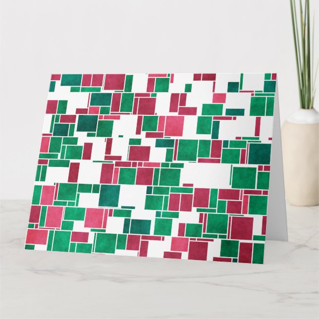 Modernes, kühne Rot und Grün Weihnachten Mondrian Karte (Vorderseite)