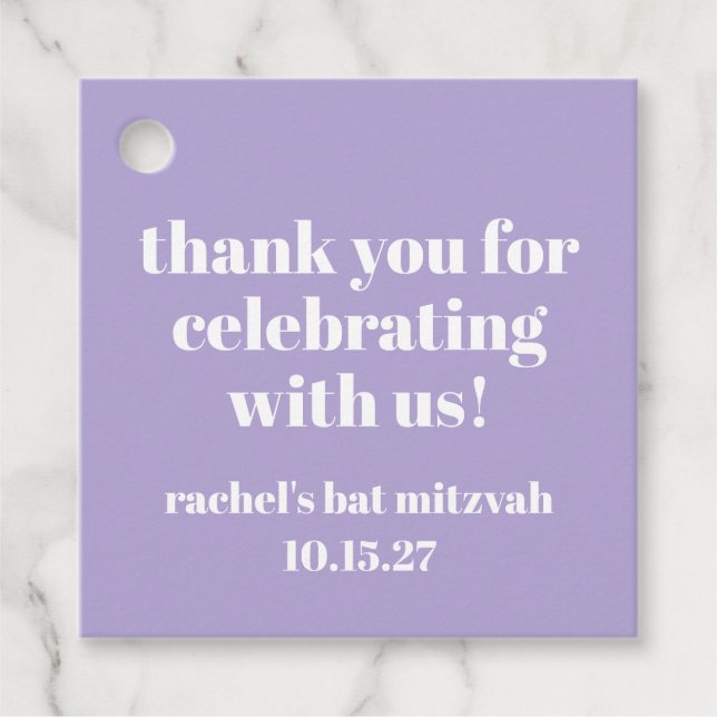 Modernes kühnes Lila Bat Mitzvah Custom Vielen Dan Geschenkanhänger (Vorderseite)