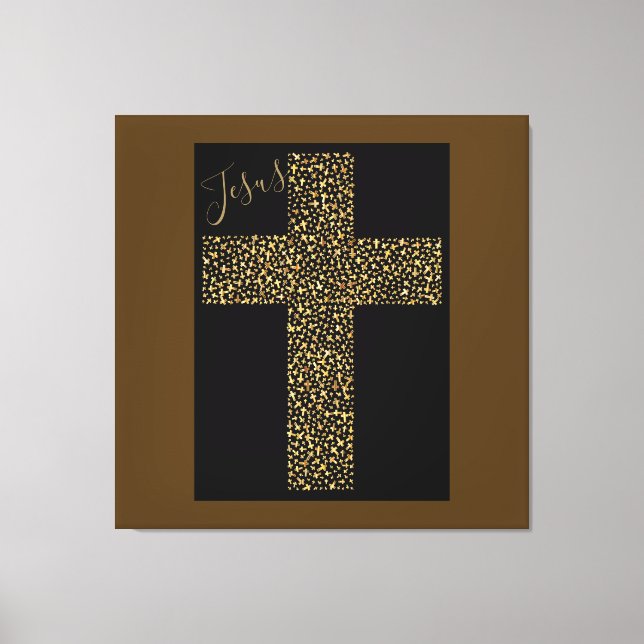 Modernes Kunstbild Jesus Gold Cross Brown Leinwanddruck (Vorderseite)
