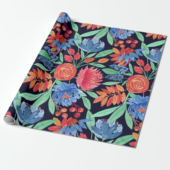 Modernes, Künstlerisches Korallenblau, florales Wa Geschenkpapier (Ungerollt)
