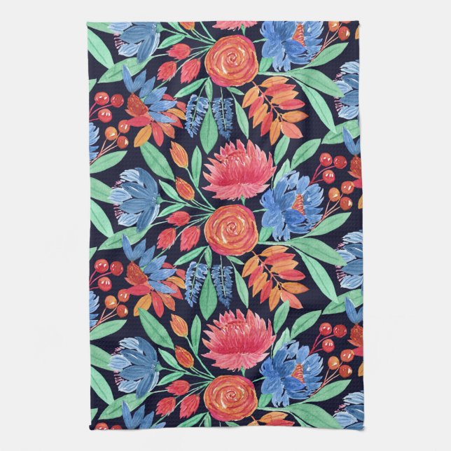 Modernes, Künstlerisches Korallenblau, florales Wa Geschirrtuch (Vertikal)