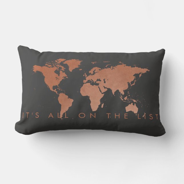 Modernes Kupfer und graues Weltkarte-Pillow Lendenkissen (Vorderseite)