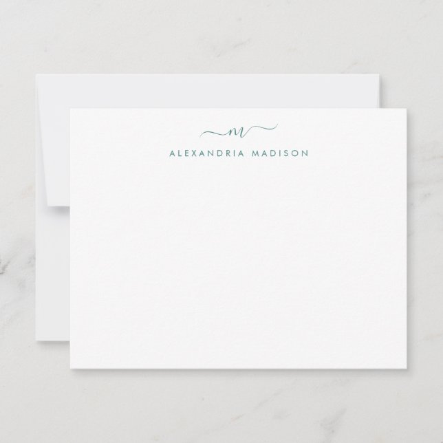Modernes Lake Green Script Monogram Swash Statione Mitteilungskarte (Vorderseite)