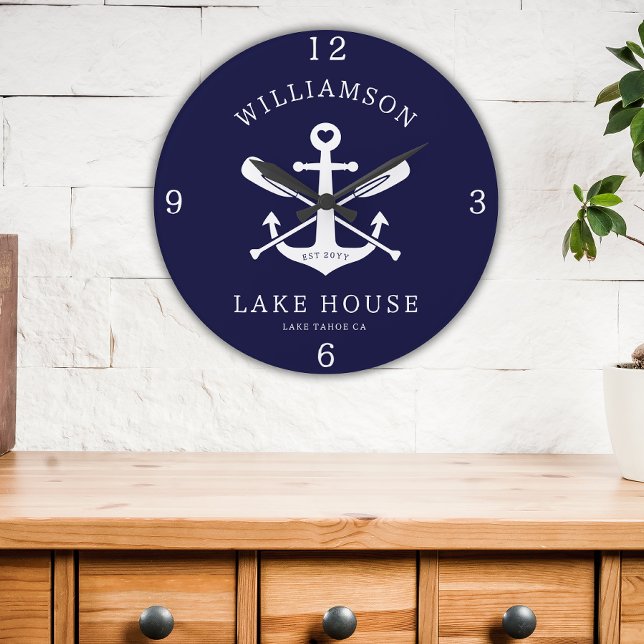 Modernes Lake House Familienname Nausea Blue Große Wanduhr (Von Creator hochgeladen)