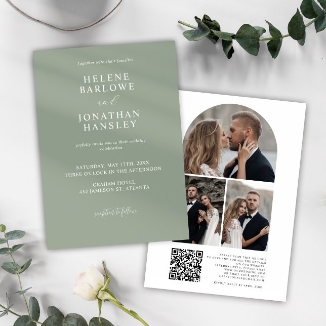 Modernes längliches grünes Foto QR Code Elegante H Einladung (Modern Sage Green Photo QR Code Elegant Wedding Invitation)