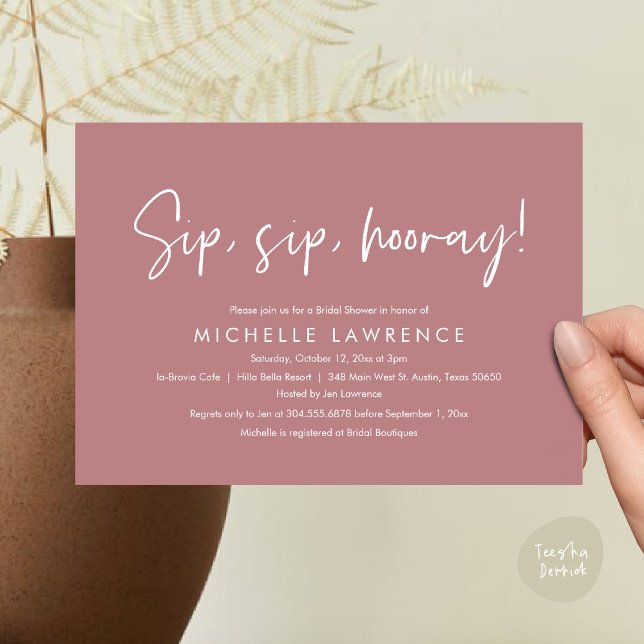 Modernes Lässiges, lustiges und spielerisches Brau Einladung (Sip, Sip Hooray, Modern Casual, fun and playful Bridal Shower Party Invitation Card, PDF Dusty Rose)