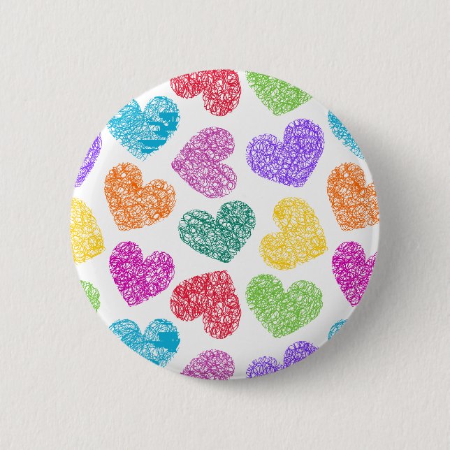 Modernes, lebendiges Regenbogen Doodle Herz Niedli Button (Vorderseite)