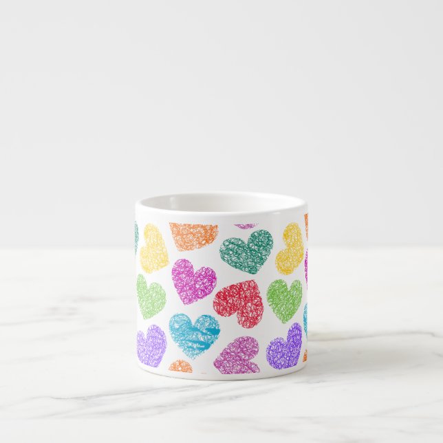 Modernes, lebendiges Regenbogen Doodle Herz Niedli Espressotasse (Vorderseite)
