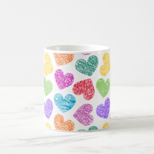 Modernes, lebendiges Regenbogen Doodle Herz Niedli Kaffeetasse (Mittel)