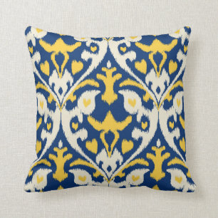 Modernes lederfarbenes gelbes blaues ikat Stammes- Kissen