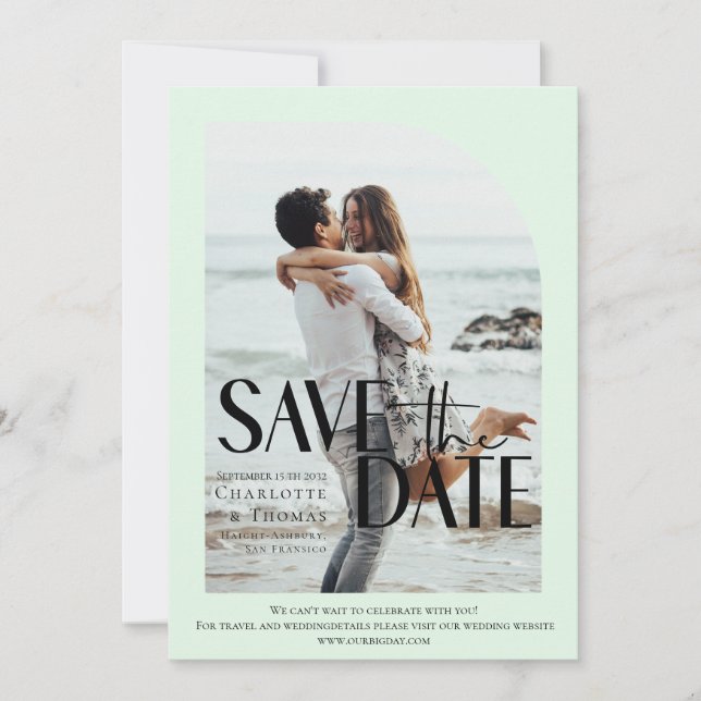 Modernes, leicht grünes Foto Save the Date Einladung (Vorderseite)