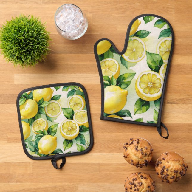 Modernes lemonblaues Blumenskript-Brautparty Ofenhandschuh & Topflappen-Set (Oben Unten)