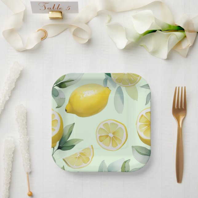 Modernes lemongelbes Blumenskript-Brautparty Pappteller (Hochzeit)