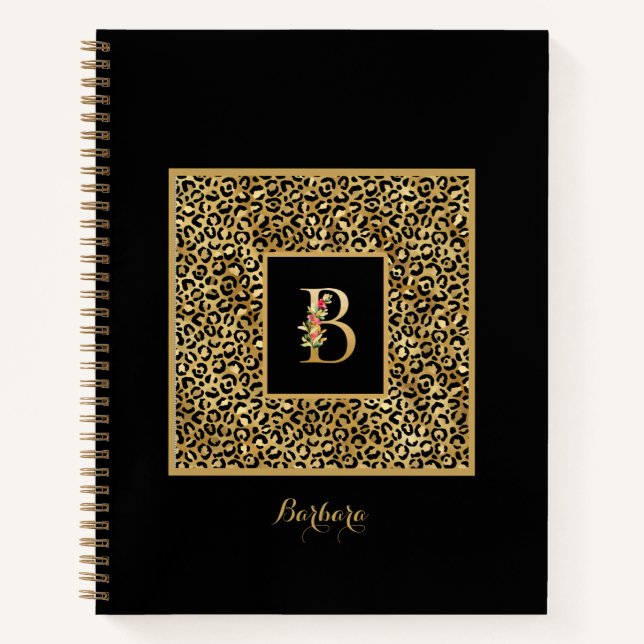 Modernes Leopard Gold Personal Monogram Letter B Notizbuch (Vorderseite)