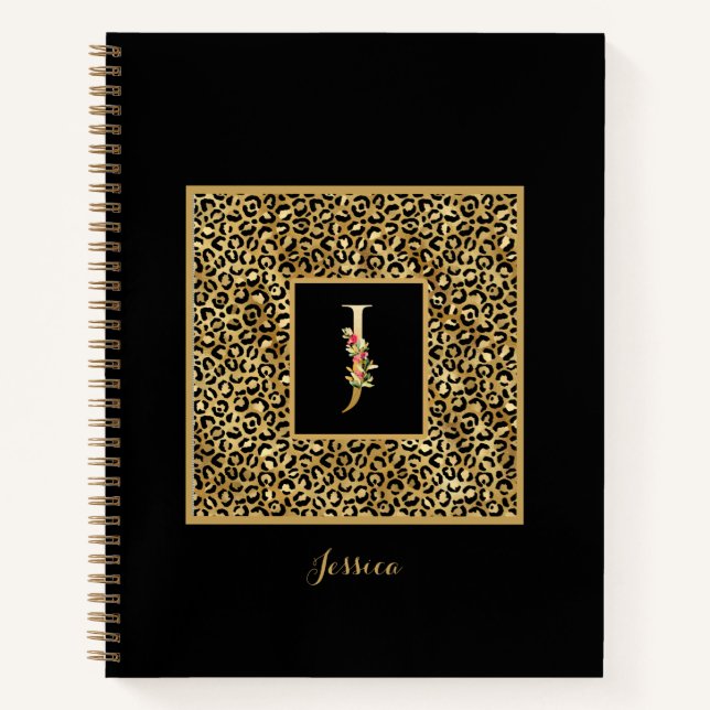 Modernes Leopard Gold Personal Monogram Letter J Notizbuch (Vorderseite)