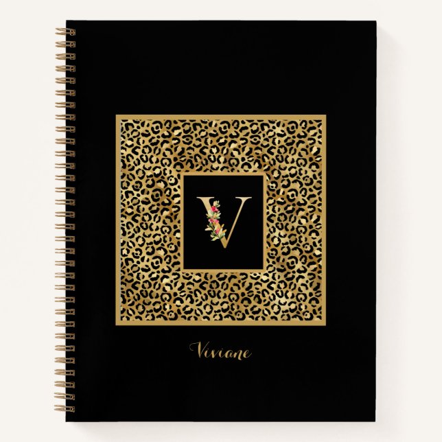 Modernes Leopard Gold Personal Monogram Letter V Notizbuch (Vorderseite)