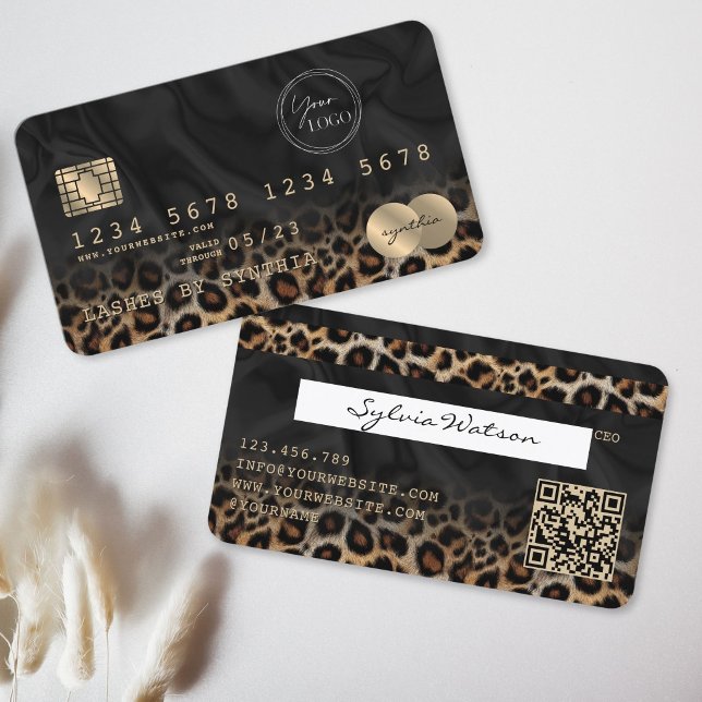 Modernes Leopard-Logo QR-Code Kreditkarten-Stil Visitenkarte (Modern Leopard Logo QR Code Credit Card Style business card)