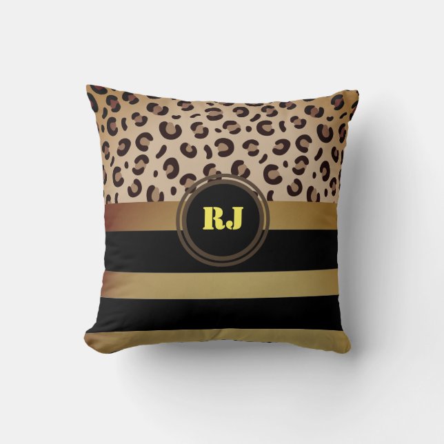 Modernes Leopard Print Golden Black Strips Monogra Kissen (Vorderseite)