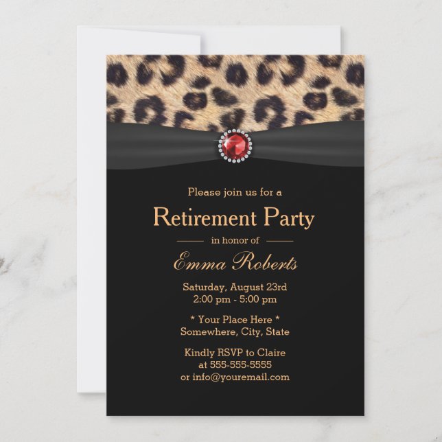 Modernes Leopard Print & Ruby Gemes Retirement Par Einladung (Vorderseite)