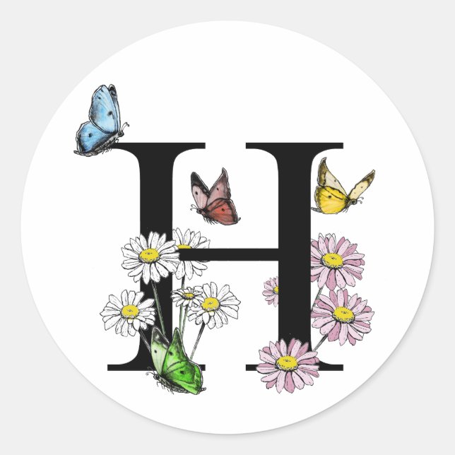 Modernes Letter H Garden Butterfly Monogramm Runder Aufkleber (Vorderseite)