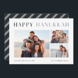 Modernes Licht | Elegant Hanukkah Foto Collage Hol Feiertagskarte<br><div class="desc">Teilen Sie Hanukkah Wünsche mit diesen schlichten und eleganten Collage Cards aus Foto,  die drei Ihrer Lieblings-Fotos in der Mitte ausgerichtet. "Happy Hanukkah" erscheint oben in schicker und moderner Schrift mit einer benutzerdefinierten Botschaft und Ihrem Familiennamen am unteren Ende.</div>