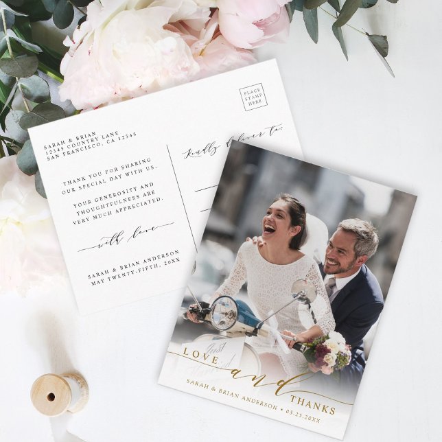 Modernes Liebe & Dank Gold Wedding Foto Vielen Dan Postkarte (Front & Back)