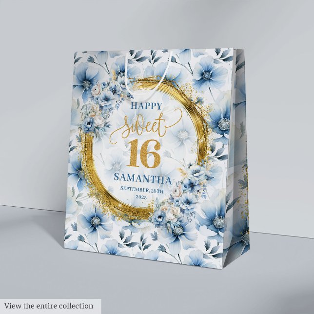 Modernes Light Blue Sweet 16 Gold Glitzer Party Ba Mittlere Geschenktüte (Modern Light Blue Sweet 16 Gold Glitter Party Bag)
