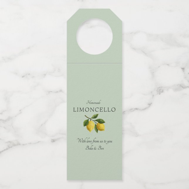 Modernes Light Green Lemon Event Wedding Limoncell Flaschenanhänger (Vorderseite)