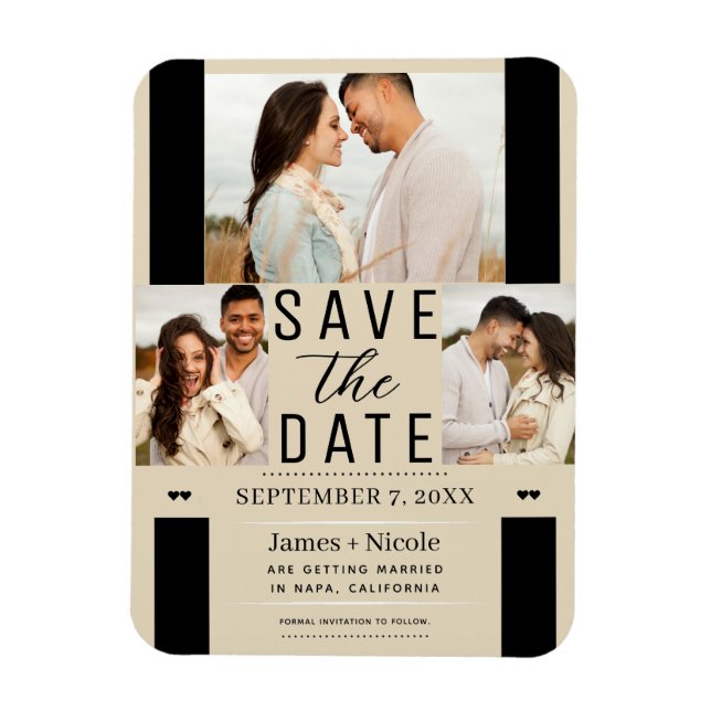 Modernes Light Tan Save the Date 3 Foto Hochzeit Magnet (Vertikal)