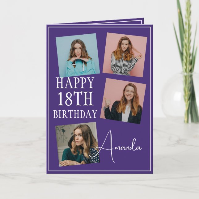 Modernes Lila 4-Foto Collage 18. Geburtstag Karte (Vorderseite)
