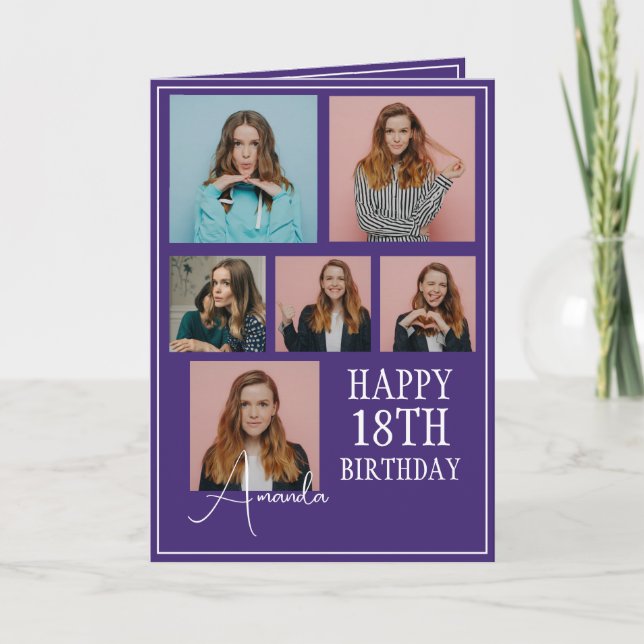Modernes Lila 6-Foto Collage 18. Geburtstag Karte (Vorderseite)