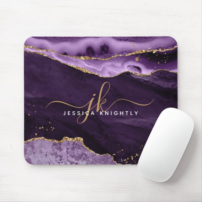 Modernes Lila Agate Gold Glitzer Script Monogram Mousepad (Mit Mouse)
