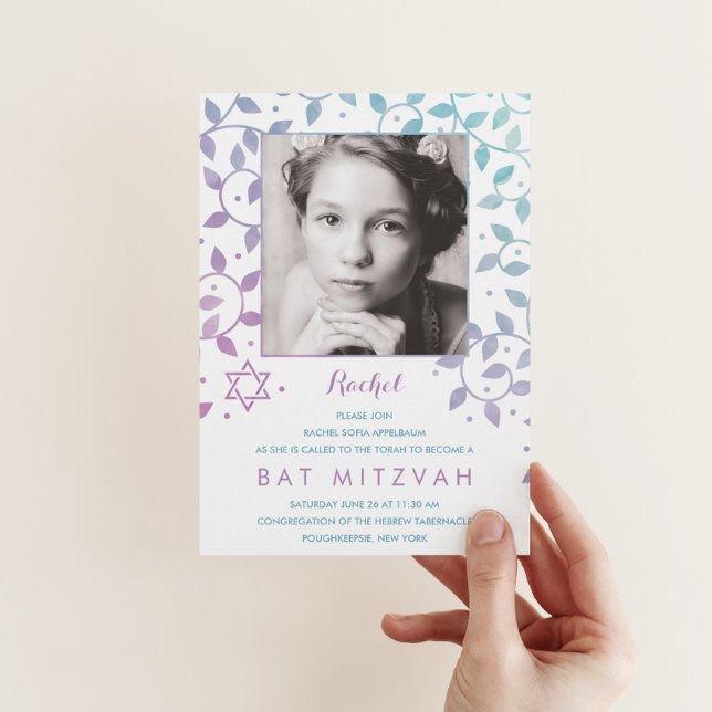 Modernes Lila + Aquamarines Foto Bat Mitzvah Einla Einladung (Von Creator hochgeladen)