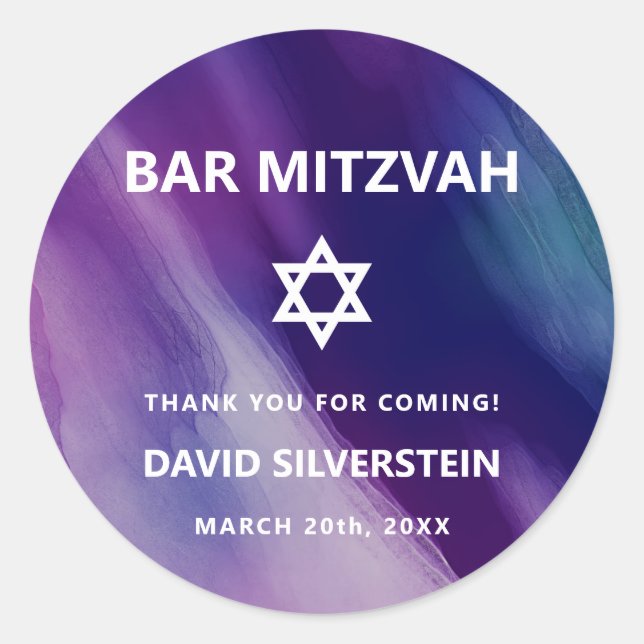 Modernes Lila Blue Star David Bar Mitzvah Hebrew Runder Aufkleber (Vorderseite)