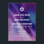 Modernes Lila Blue Star David Bar Mitzvah Hebrew Save The Date<br><div class="desc">Schöne religiöse jüdische Bar Mitzvah Einladungskarten. Modernes und dennoch elegantes Aquarelldesign in marineblau-lila Farben. White Star von David in mittleren modernen Drehbüchern. 'Wird an die TORAH als Bar Mitzvah gerufen'. Perfekt für den 13-jährigen Sohn, Junge. Einfach zu bearbeiten - einfach Ihre Informationen / Text hinzufügen.hebräischer Name und Kartenrückseite hat auch...</div>