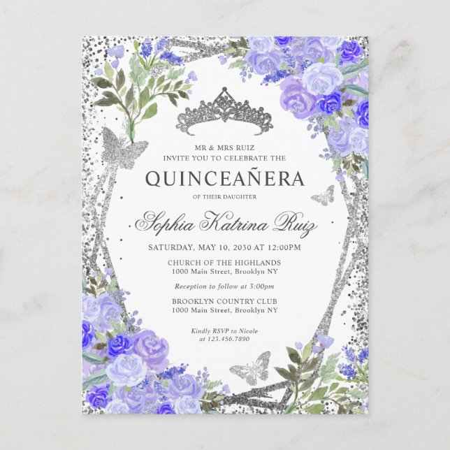 Modernes Lila Blütensilber Grau Tiara Quinceañera Postkarte (Vorderseite)
