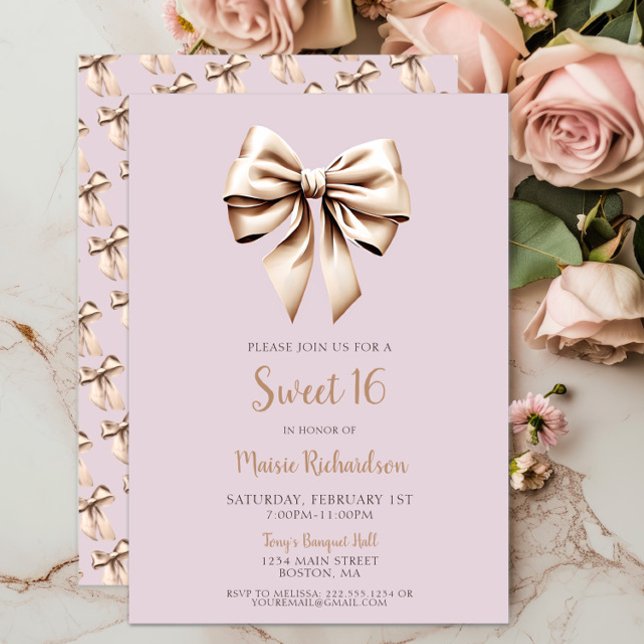 Modernes, Lila Coquette Bow Sweet 16 Einladung (Chic Lilac Coquette Bow Sweet 16, Sweet Sixteen 16th Birthday, Classic, Trendy, Modern, Script, Bows)