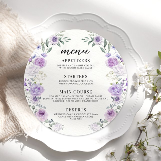 Modernes Lila Floral Lilac Wedding Round Flat Menu Menükarte (Von Creator hochgeladen)