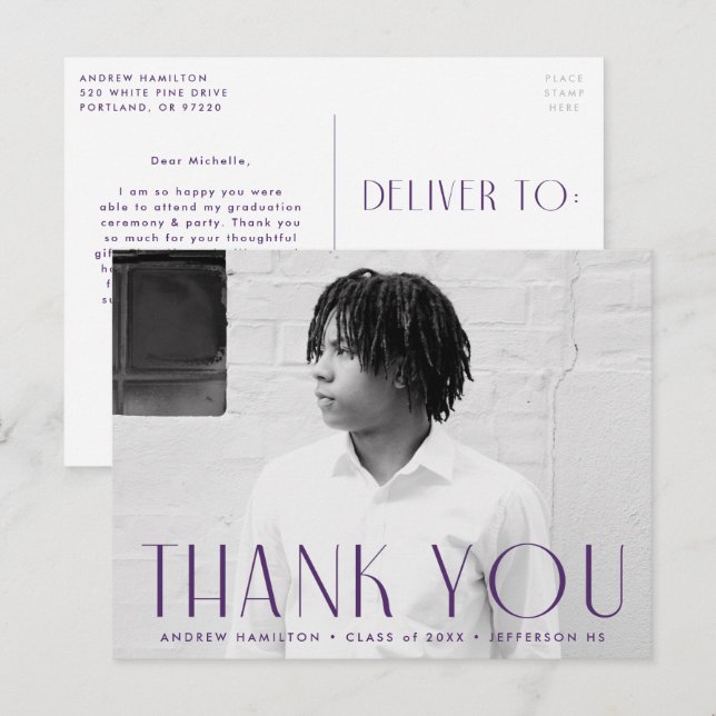 Modernes Lila Foto Abschluss Vielen Dank Postkarte (Vorne/Hinten)