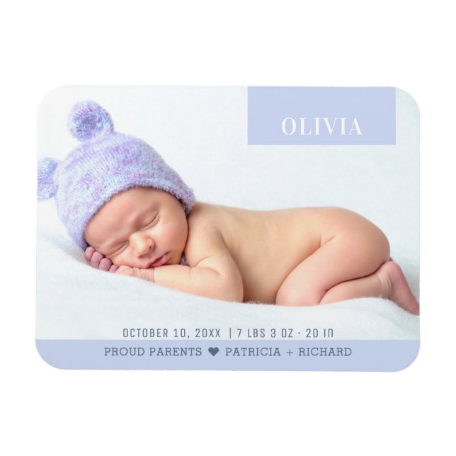 Modernes Lila Girl Baby Foto Birth Magnet (Horizontal)