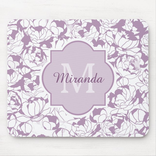 Modernes lila Girly mit Blumenmonogramm mit Namen Mousepad (Vorne)
