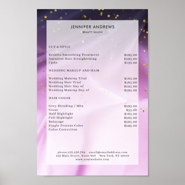 Modernes, Lila Glitzer Salon Price List Poster (Vorne)