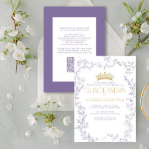 Modernes Lila Gold Botanisches Flor QR Quinceañera Einladung