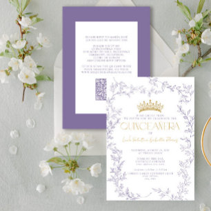 Modernes Lila Gold Botanisches Flor QR Quinceañera Einladung