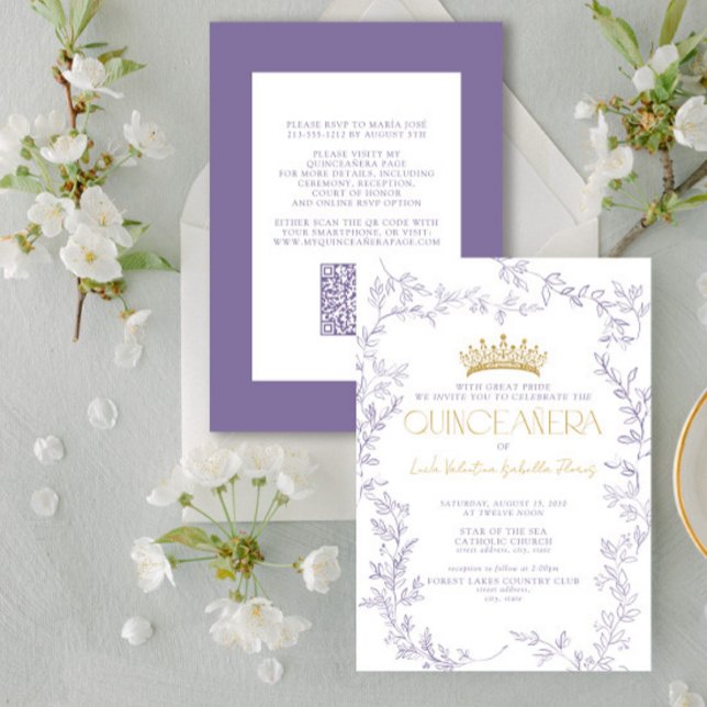 Modernes Lila Gold Botanisches Flor QR Quinceañera Einladung (Von Creator hochgeladen)