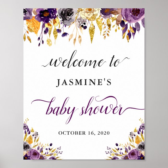 Modernes, Lila Gold Floral Baby Duschzeichen Poster (Vorne)