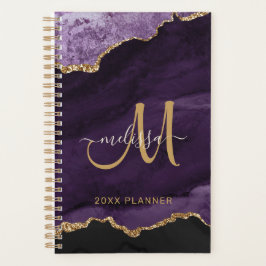 Modernes Lila Gold Glitzer Agate Monogram 2024 Planer